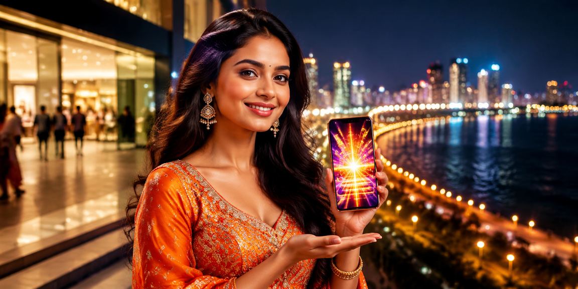 Young woman playing live casino games on mobile at Mumbai Marine Drive